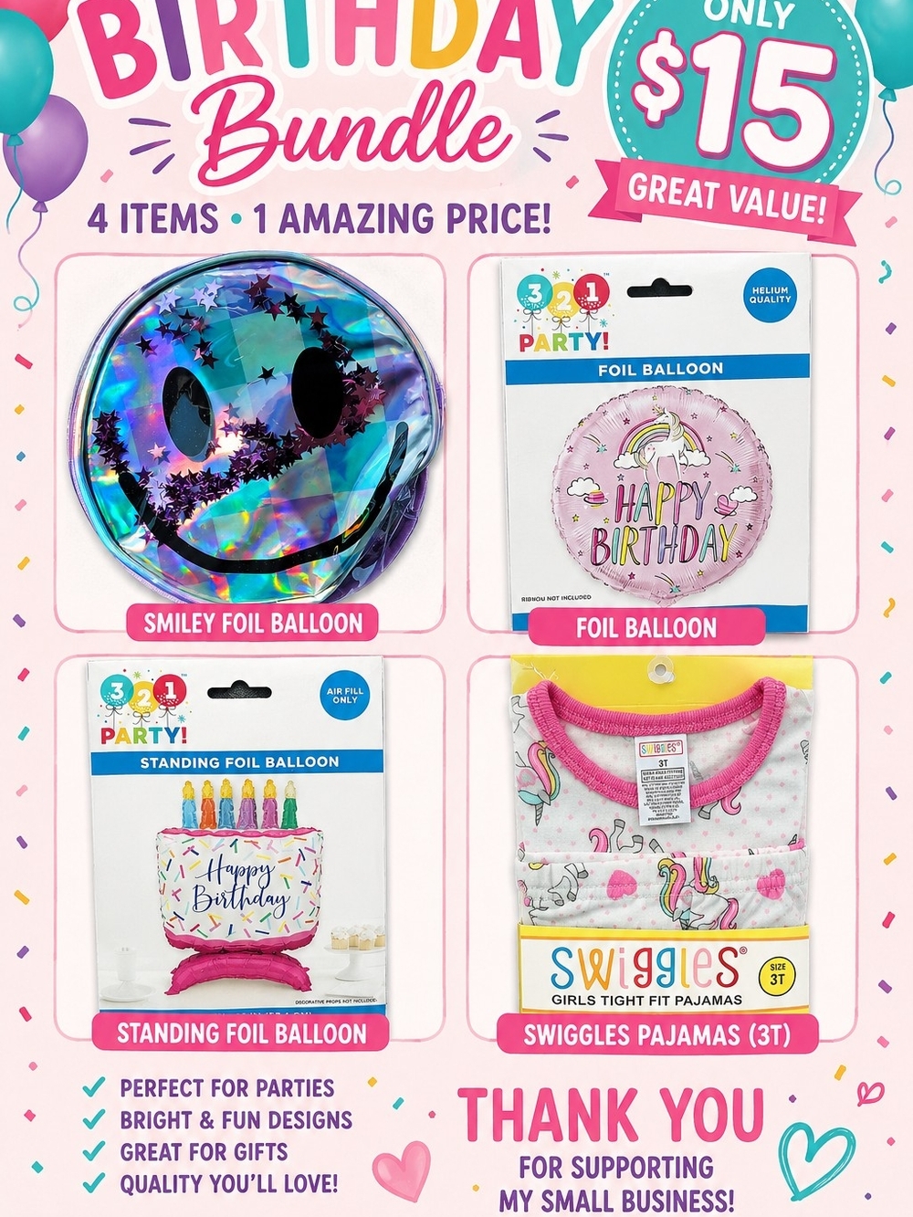 Swiggles Girls Pink Unicorn Birthday Pajamas & Foil Balloon Bundle, Pink